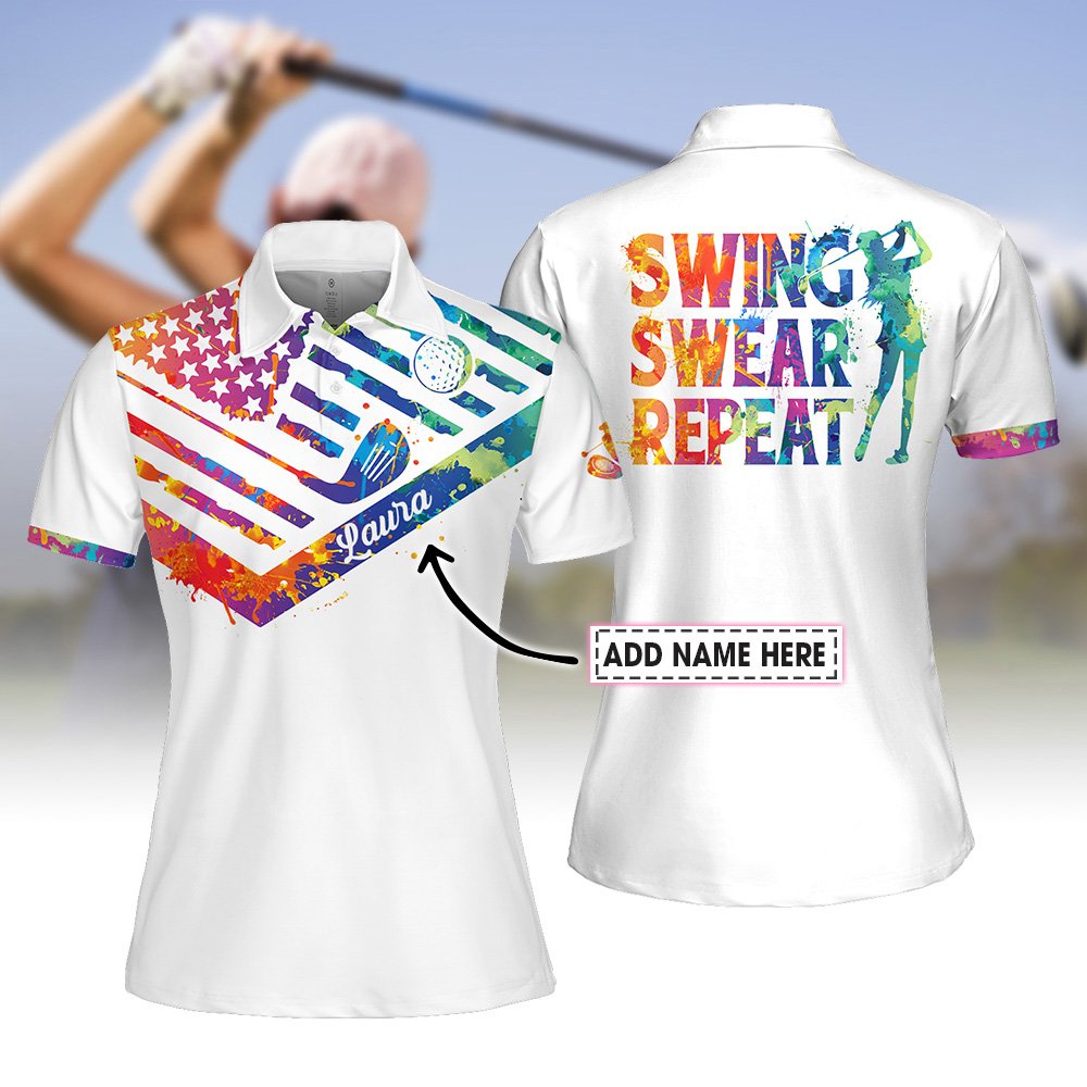 Watercolor America Flag Swing Swear Repeat Women Polo Shirt LVH100101