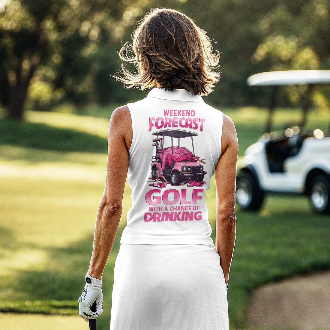 Drunk Flamingo Weekend Forecast Golfing With A Chance Of Drinking Women Polo Shirt LVH110901