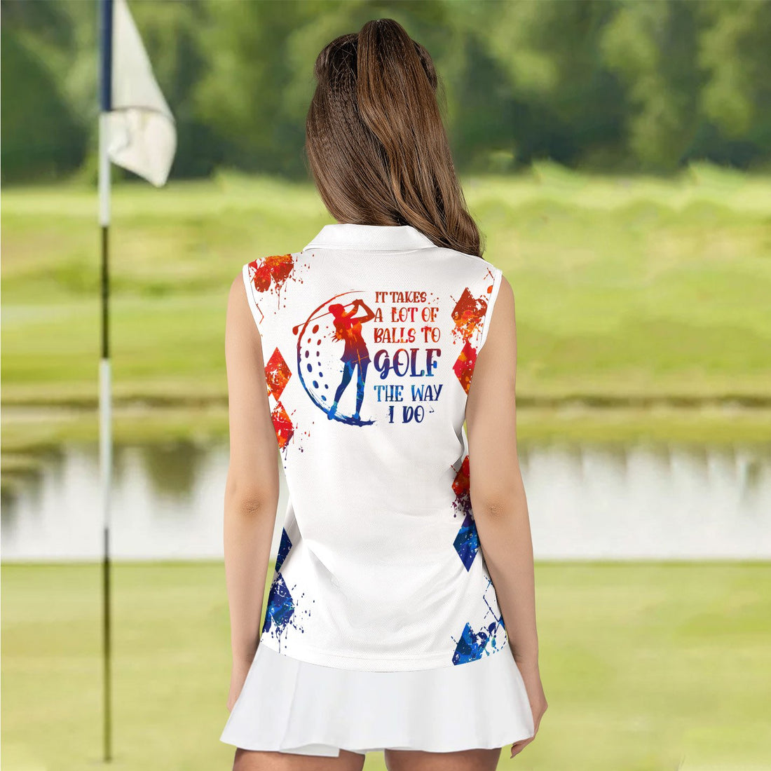 WATER COLOR IT TAKES A LOT OF BALLS TO GOLF THE WAY I DO RED AND BLUE WOMEN POLO SHIRT LVH170401