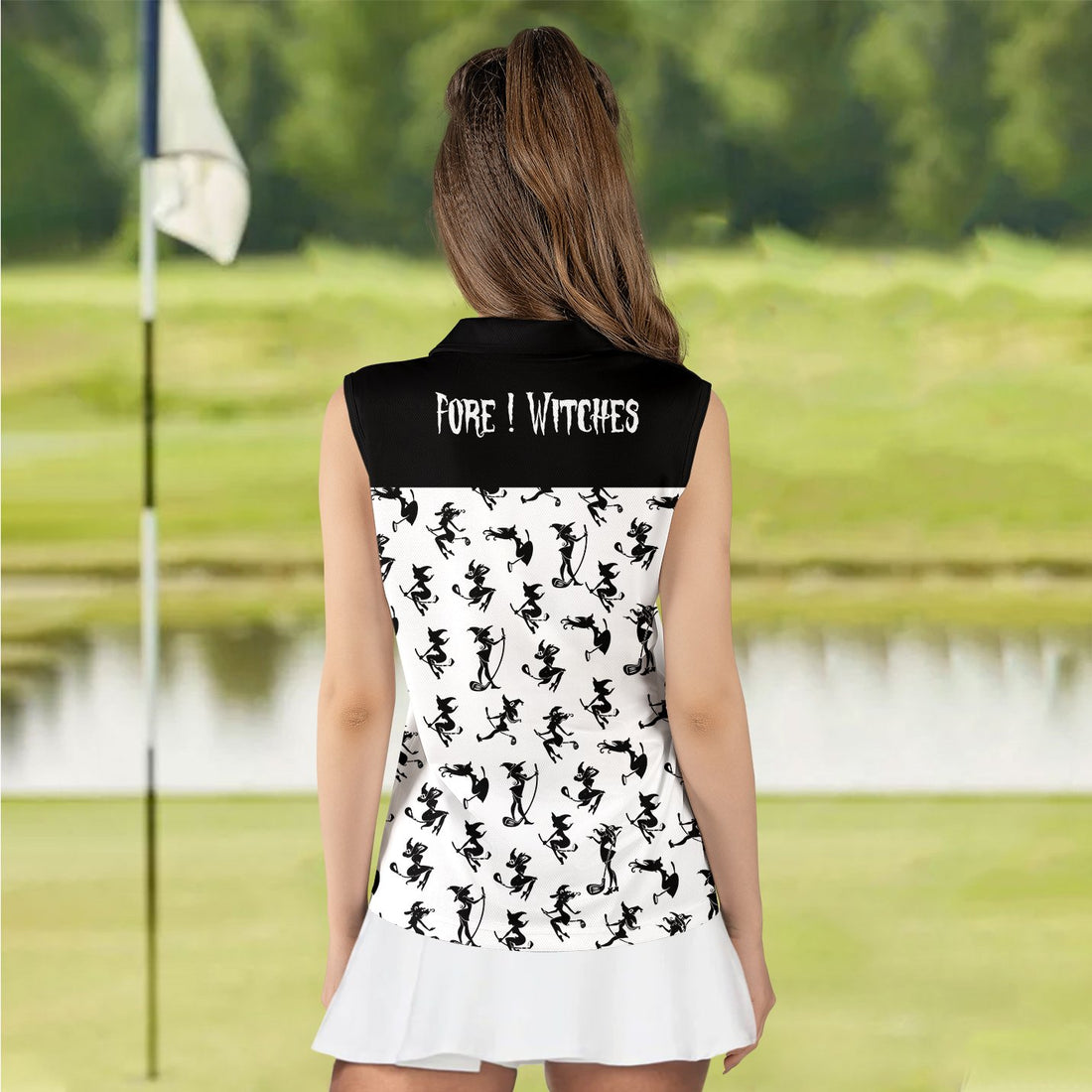 FORE ! WITCHES PATTERN HALLOWEEN BLACK AND WHITE WOMEN POLO SHIRT LVH220401