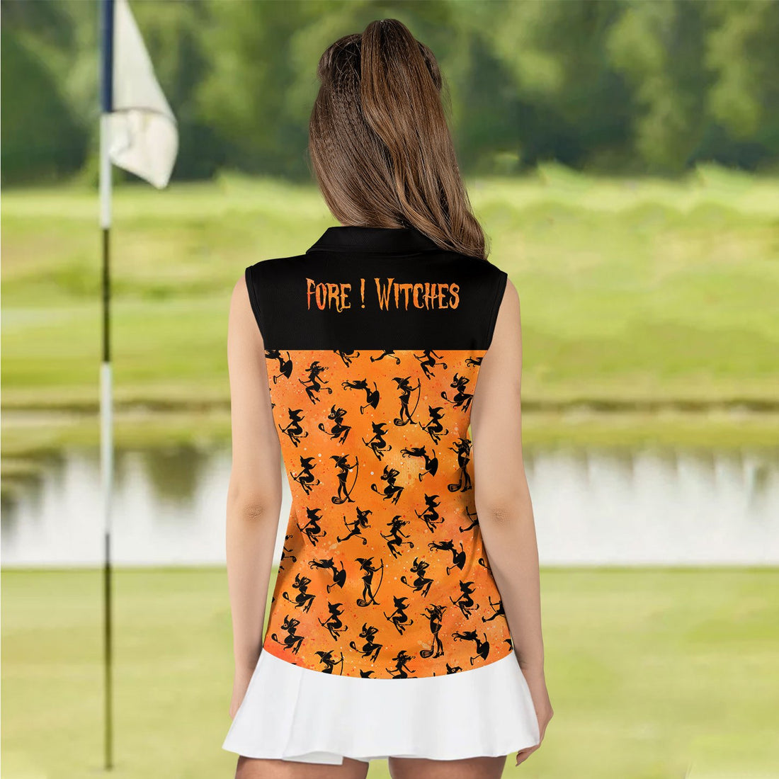 Fore ! Witches Pattern Halloween Orange Women Polo Shirt LVH230401