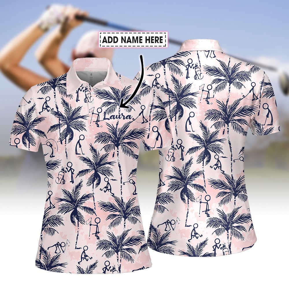 Funny Golf Stick Figures Pink Palm Tree Women Polo Shirt LVH120201