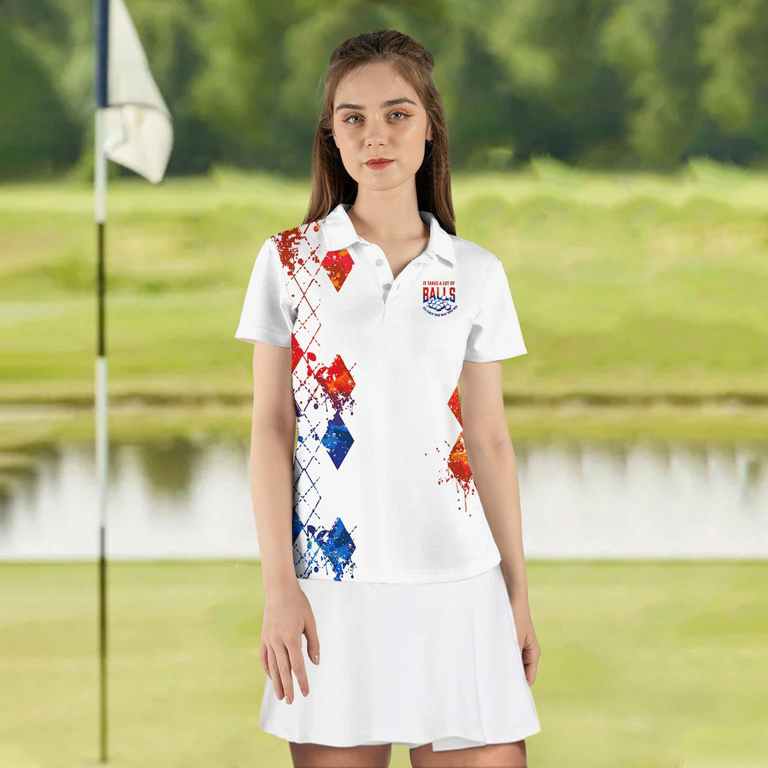 WATER COLOR IT TAKES A LOT OF BALLS TO GOLF THE WAY YOU DO RED AND BLUE WOMEN POLO SHIRT LVH160401