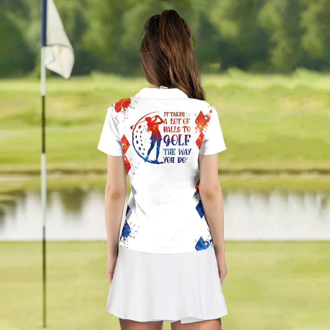 WATER COLOR IT TAKES A LOT OF BALLS TO GOLF THE WAY YOU DO RED AND BLUE WOMEN POLO SHIRT LVH160401