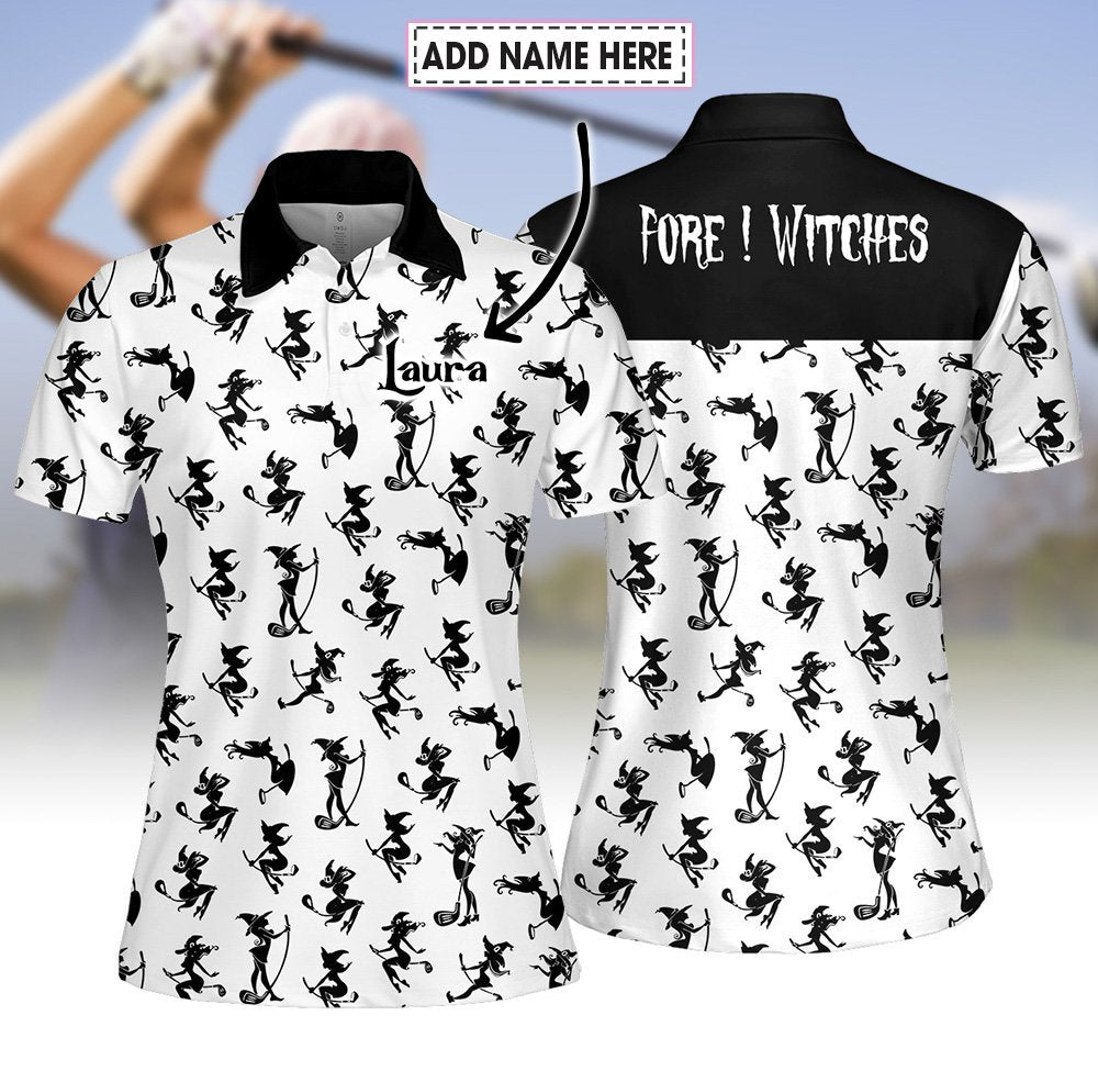 FORE ! WITCHES PATTERN HALLOWEEN BLACK AND WHITE WOMEN POLO SHIRT LVH220401