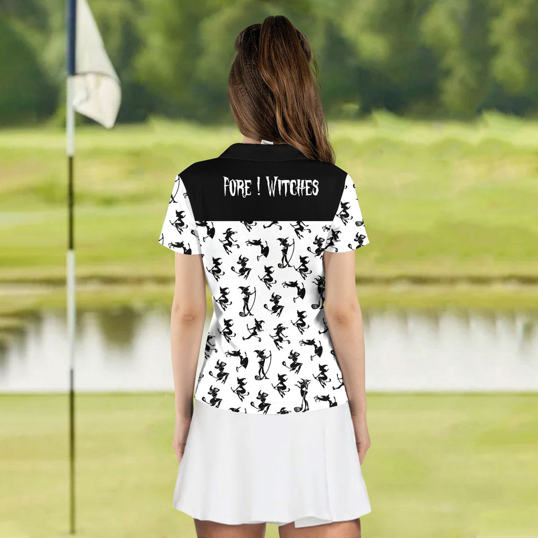 FORE ! WITCHES PATTERN HALLOWEEN BLACK AND WHITE WOMEN POLO SHIRT LVH220401