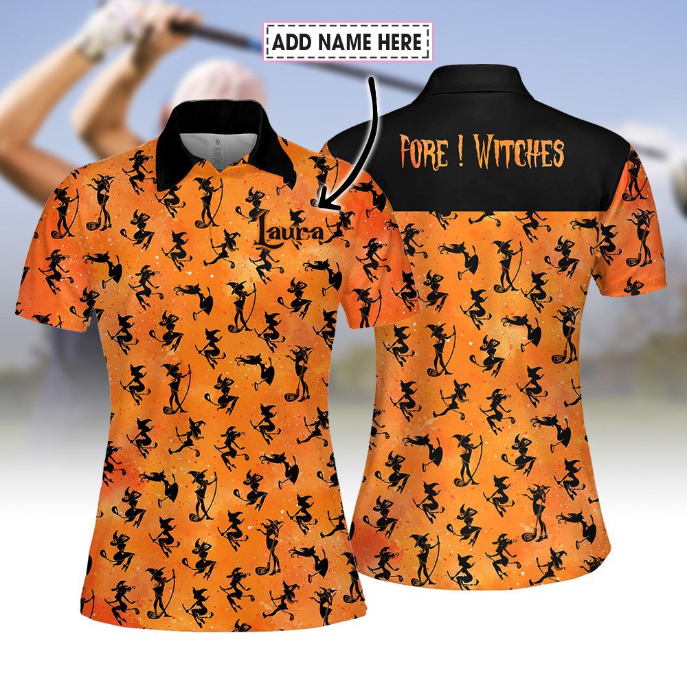 Fore ! Witches Pattern Halloween Orange Women Polo Shirt LVH230401