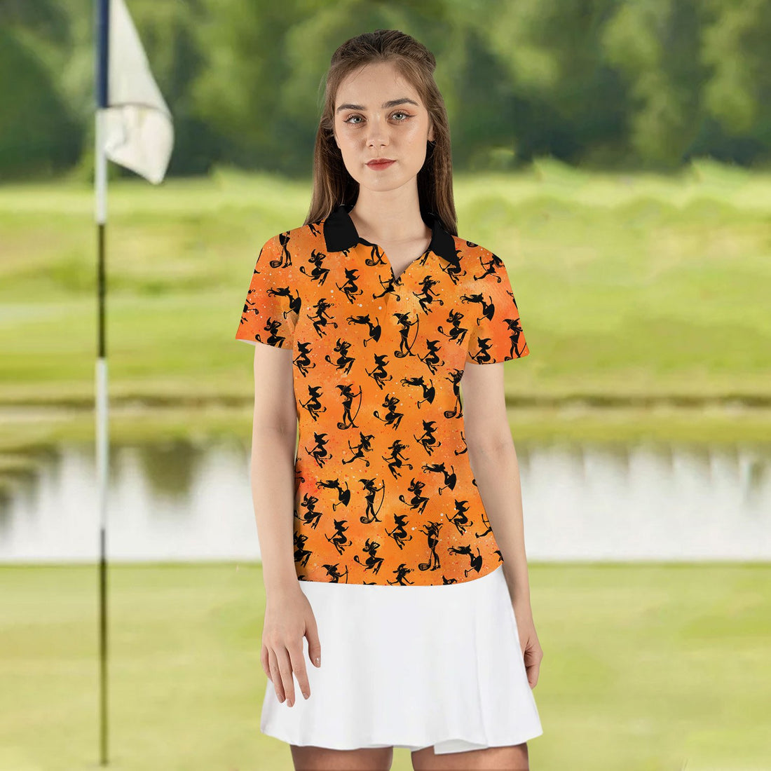 Fore ! Witches Pattern Halloween Orange Women Polo Shirt LVH230401