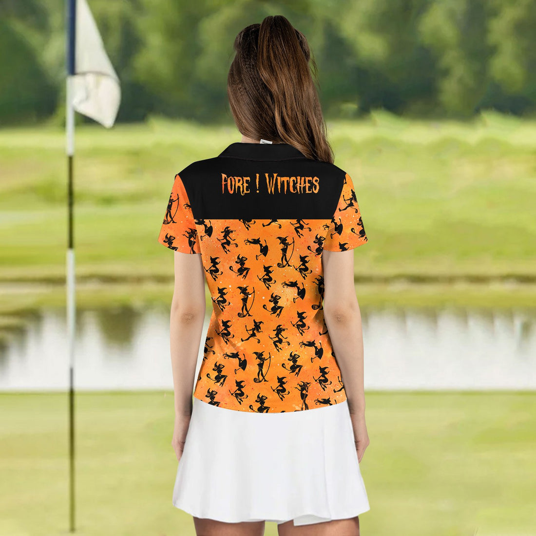 Fore ! Witches Pattern Halloween Orange Women Polo Shirt LVH230401