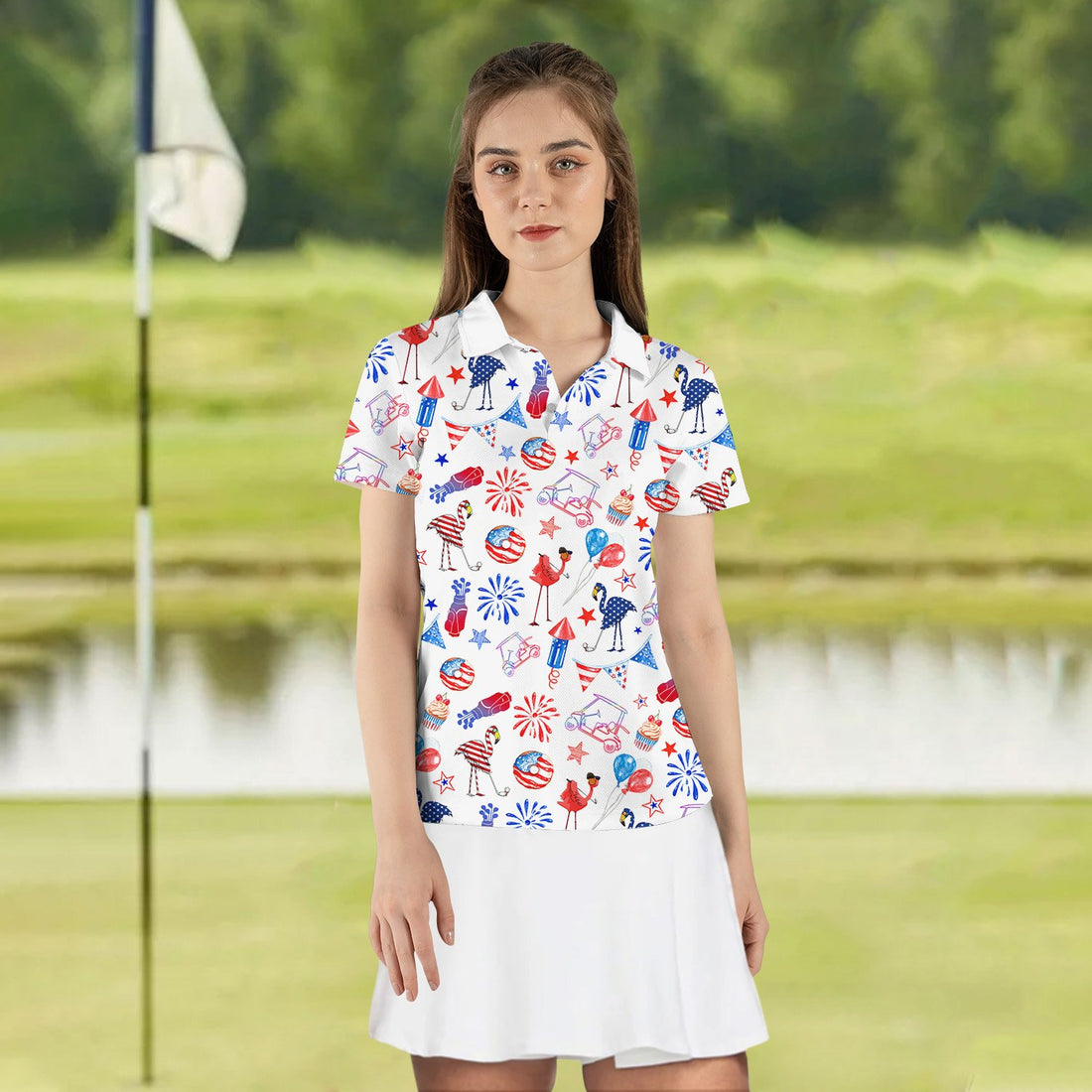 4th Of July Flamingo Pattern Women Polo Shirt LVH290301