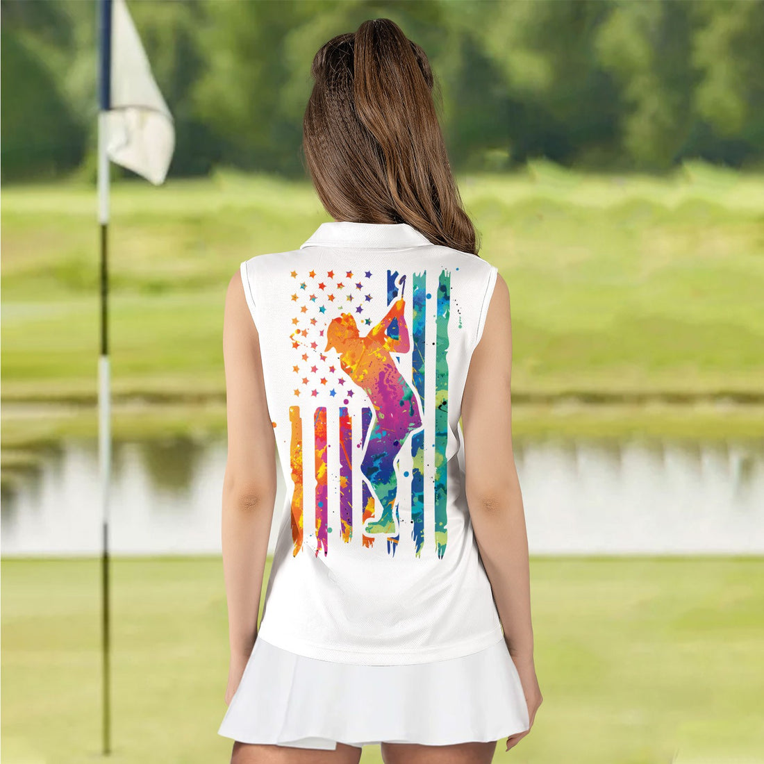 WATERCOLOR AMERICA FLAG WITH SILHOUETTE Women Polo Shirt LVH230101