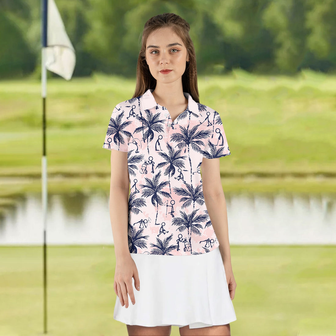 Funny Golf Stick Figures Pink Palm Tree Women Polo Shirt LVH120201