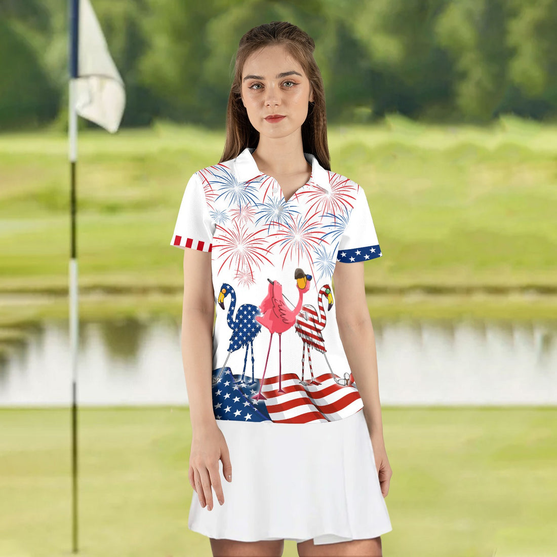 4th Of July Patriotic Funny Flamingo Women Polo Shirt LVH200101