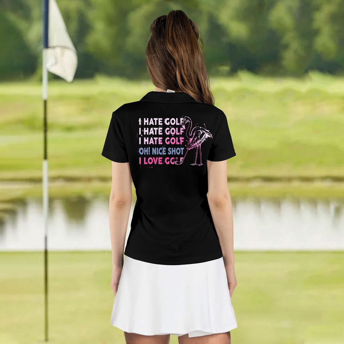 Addicted I Hate Golf Gradient Black Flamingo Women Polo Shirt LVH230201